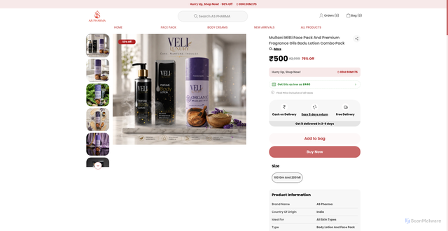 Security scan screenshot of https://aspharma.online/Multani-Mitti-Face-Pack-And-Premium-Fragrance-Oils-Bodu-Lotion/catalogue/tE6YClD0/bnDLTEzi