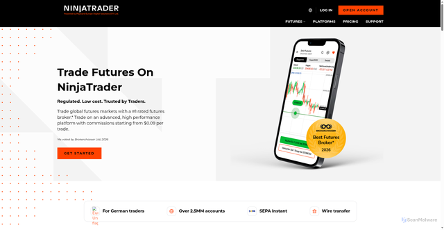 Security scan screenshot of https://ninjatrader.com/futures/futures-contracts/equity-index/e-mini-dow/