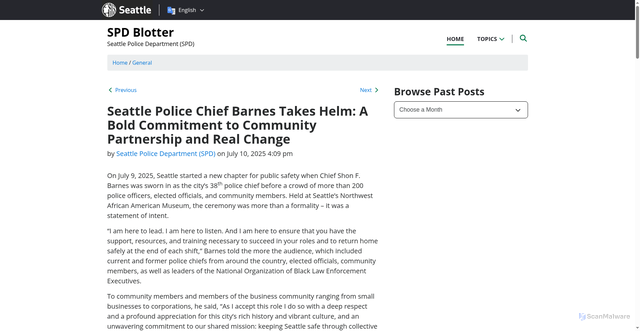 Security scan screenshot of https://spdblotter.seattle.gov/2025/07/10/seattle-police-chief-barnes-takes-helm-a-bold-commitment-to-community-partnership-and-real-change/