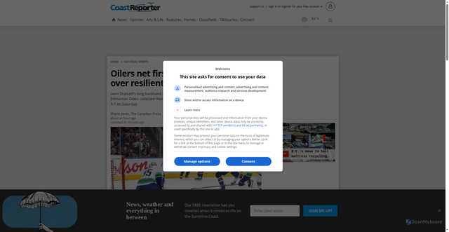 Security scan screenshot of https://www.coastreporter.net/national-sports/oilers-net-first-win-with-3-1-decision-over-resilient-canucks-11339167