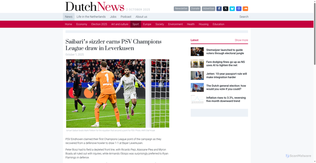 Security scan screenshot of https://www.dutchnews.nl/2025/10/saibaris-sizzler-earns-psv-champions-league-draw-in-leverkusen/