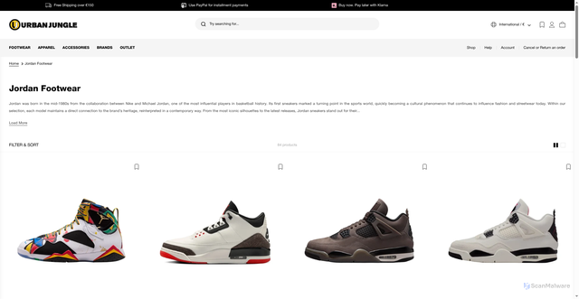 Security scan screenshot of https://www.urbanjunglestore.com/collections/jordan-footwear?srsltid=AfmBOore_79Qb0qJHl4riFhtPyAnjASgDAlHlc56yrcLRmTF903gXxA1