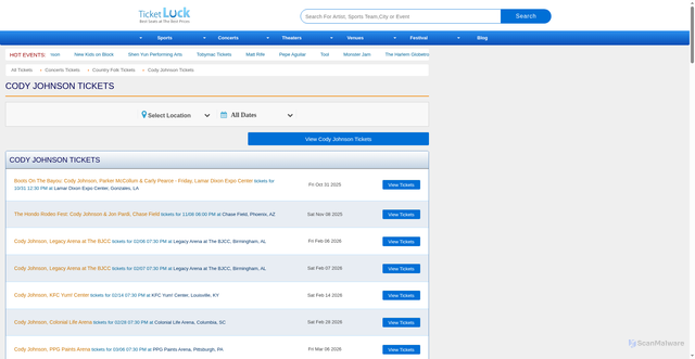 Security scan screenshot of https://www.ticketluck.com/concert-tickets/Cody-Johnson/index.php