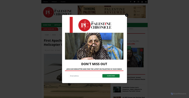Security scan screenshot of https://www.palestinechronicle.com/first-apache-lost-in-conflict-as-us-helicopter-crashes-near-hormuz/