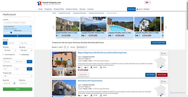 Security scan screenshot of https://www.french-property.com/properties-for-sale?location=latour-de-france%2Cpyrenees-orientales