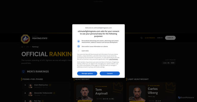 Security scan screenshot of https://www.ultimatefightingstats.com/ufc/rankings
