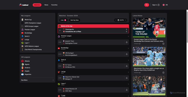 Security scan screenshot of https://ballwai.app/en/match/afghanistan-zimbabwe-10