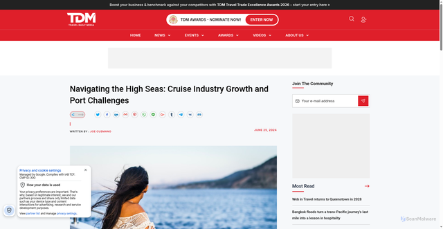 Security scan screenshot of https://www.traveldailymedia.com/navigating-the-high-seas-cruise-industry-growth-and-port-challenges/