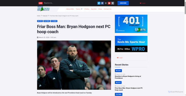 Security scan screenshot of https://www.kevinmcsports.com/featured/friar-boss-man-bryan-hodgson-next-pc-hoop-coach/