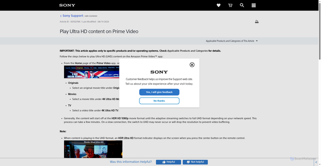 Security scan screenshot of https://www.sony.ca/en/electronics/support/televisions-projectors-lcd-tvs-android-/xbr-55x900h/articles/00102784