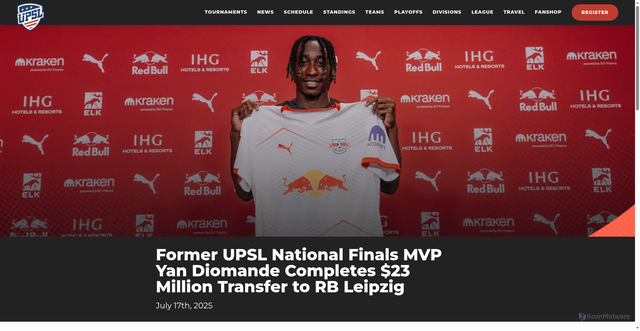 Security scan screenshot of https://premier.upsl.com/former-upsl-national-finals-mvp-yan-diomande-completes-23-million-transfer-to-rb-leipzig/