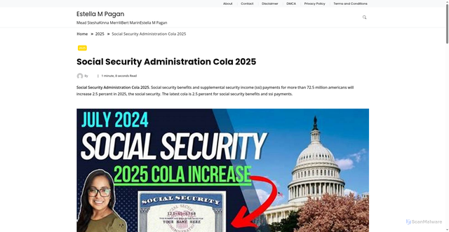 Security scan screenshot of https://estellampaganm.pages.dev/tmzob-social-security-administration-cola-2025-chmab/
