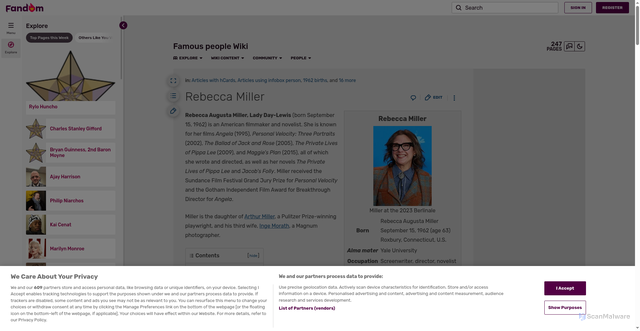 Security scan screenshot of https://famous-people.fandom.com/wiki/Rebecca_Miller