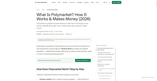Security scan screenshot of https://startpolymarket.com/learn/what-is-polymarket/