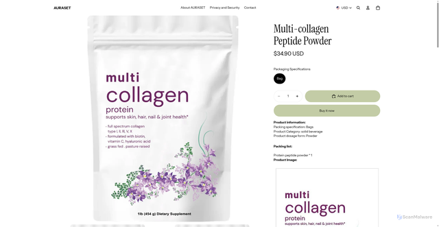 Security scan screenshot of https://aura-set.myshopify.com/products/multi-collagen-peptide-powder?variant=46740537409714