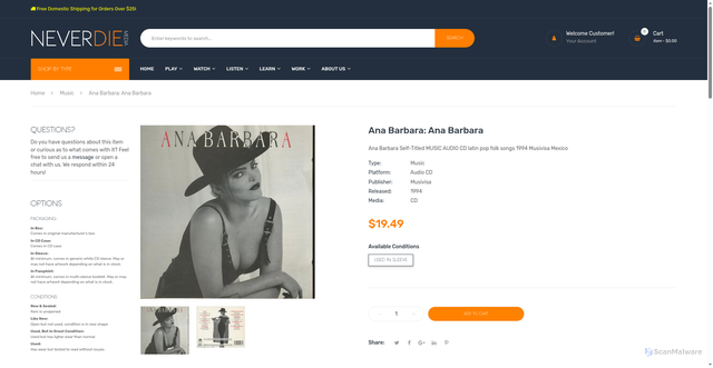 Security scan screenshot of https://www.neverdiemedia.com/products/ana-barbara-ana-barbara