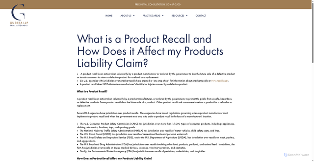 Security scan screenshot of https://guerrallp.com/product-liability-lawyers/what-is-a-product-recall-and-how-does-it-affect-my-products-liability-claim