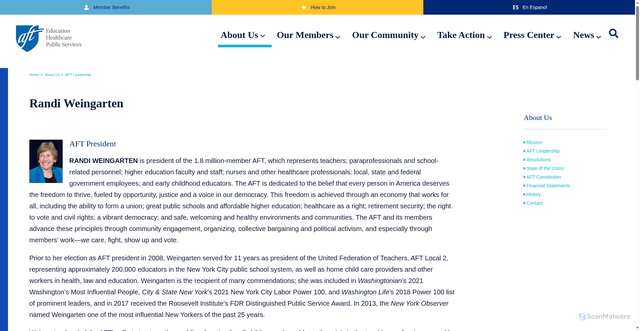 Security scan screenshot of https://www.aft.org/about/leadership/randi-weingarten