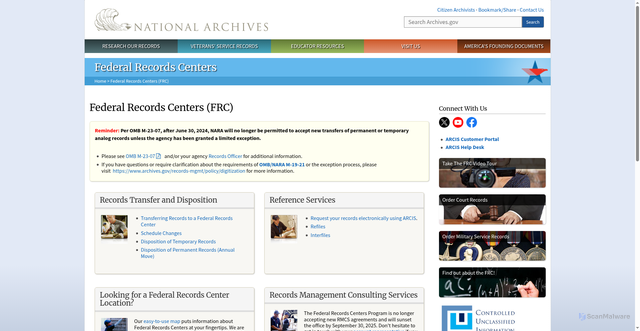 Security scan screenshot of https://www.archives.gov/frc