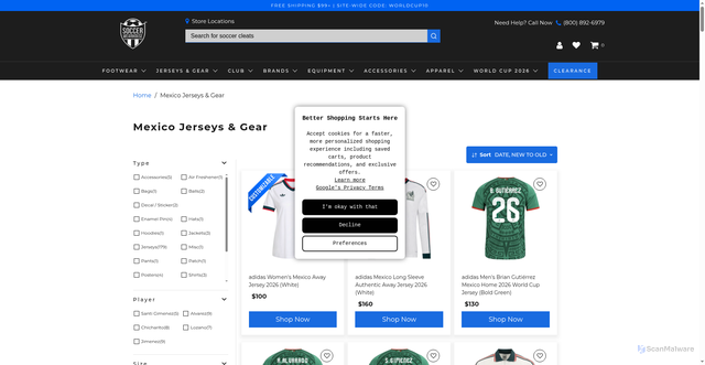 Security scan screenshot of https://soccerwearhouse.com/collections/mexico?srsltid=AfmBOopu5DM-PZ9M2oPz-SUWi7onf9V0EWWtv7fIez45goglg_-1GPXT