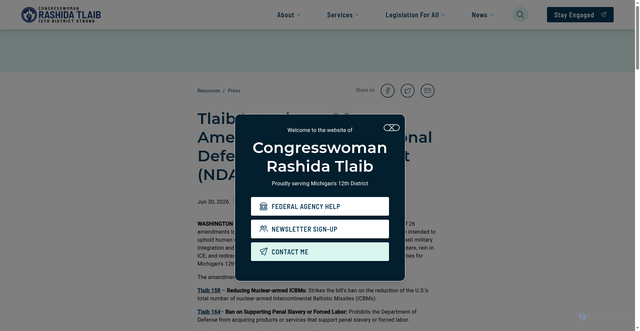 Security scan screenshot of https://tlaib.house.gov/posts/tlaib-introduces-26-amendments-to-the-national-defense-authorization-act-ndaa