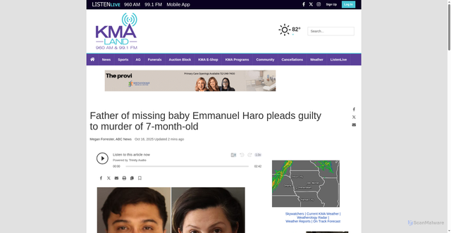 Security scan screenshot of https://www.kmaland.com/news/national_news/father-of-missing-baby-emmanuel-haro-pleads-guilty-to-murder-of-7-month-old/article_174384b6-3634-56a0-be0e-428ae3e76bd8.html