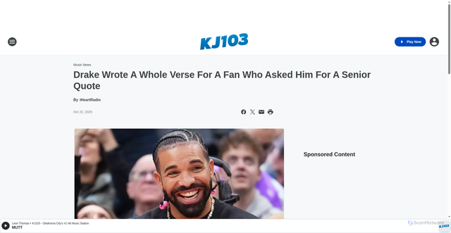 Security scan screenshot of https://kj103fm.iheart.com/content/2025-10-22-drake-wrote-a-whole-verse-for-a-fan-who-asked-him-for-a-senior-quote/