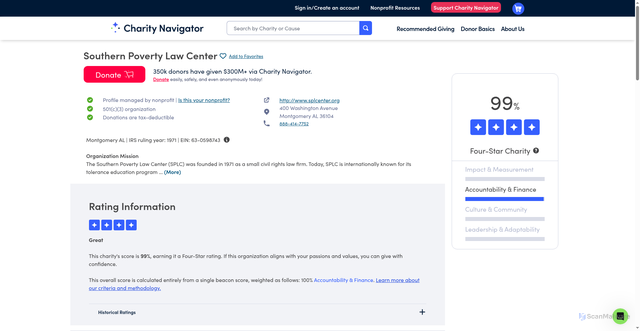 Security scan screenshot of https://www.charitynavigator.org/ein/630598743