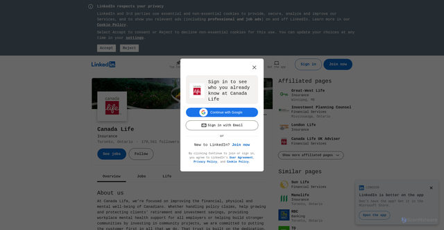 Security scan screenshot of https://ca.linkedin.com/company/canada-life