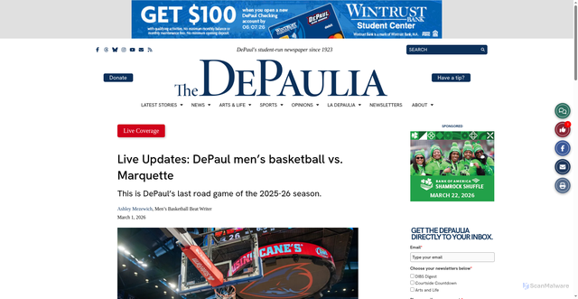 Security scan screenshot of https://depauliaonline.com/83107/online-exclusive/live-updates-depaul-mens-basketball-vs-marquette-2/