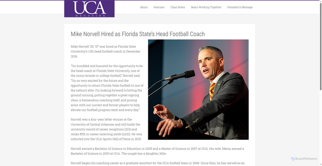 Security scan screenshot of https://uca.edu/magazine/mike-norvell-hired-as-floridas-head-football-coach/