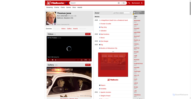 Security scan screenshot of https://www.filmbooster.com.au/creator/2229-thomas-jane/overview/