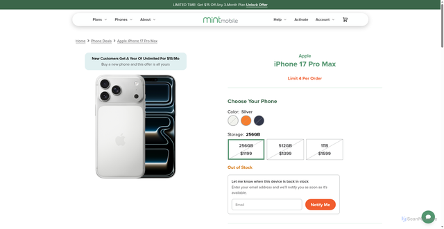 Security scan screenshot of https://www.mintmobile.com/product/apple-iphone-17-pro-max/