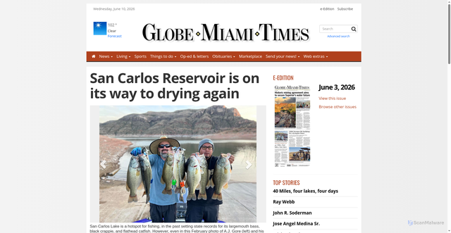 Security scan screenshot of https://www.globemiamitimes.com/stories/san-carlos-reservoir-isdrying-up-again-az-lake-fishing,80217