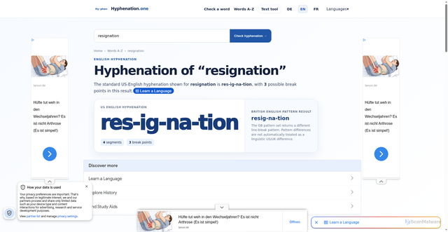 Security scan screenshot of https://www.hyphenation.one/word/resignation/