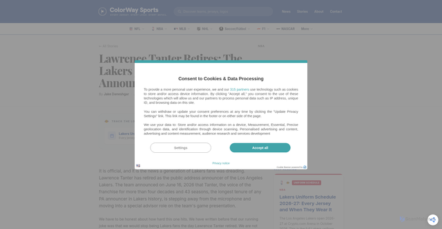 Security scan screenshot of https://www.colorwaysports.com/stories/lawrence-tanter-retires-lakers-pa-announcer-2026