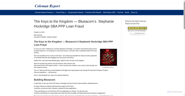 Security scan screenshot of https://colemanreport.com/the-keys-to-the-kingdom-blueacorns-stephanie-hockridge-sba-ppp-loan-fraud/