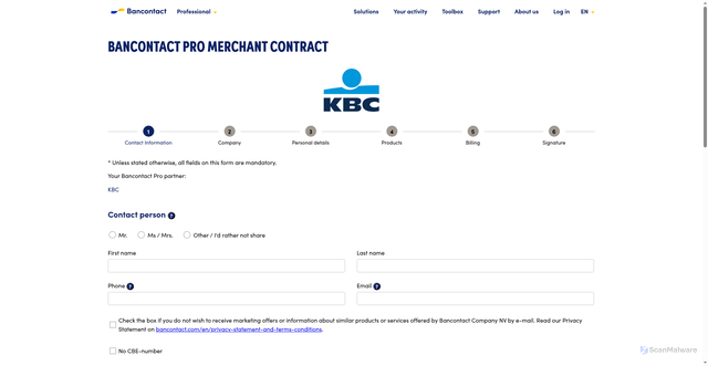 Security scan screenshot of https://www.payconiq.be/merchant-contract/mUfVPXckp6u6cRZDaCEaRfblWXQn3s?lang=en