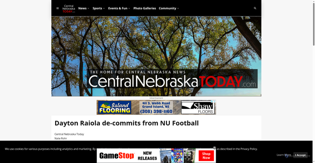 Security scan screenshot of https://www.centralnebraskatoday.com/2025/11/19/dayton-raiola-de-commits-from-nu-football/