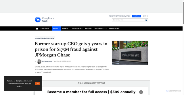 Security scan screenshot of https://www.complianceweek.com/regulatory-enforcement/former-startup-ceo-gets-7-years-in-prison-for-175m-fraud-against-jpmorgan-chase/36270.article