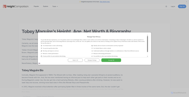 Security scan screenshot of https://www.heightcomparison.com/article/tobey-maguire