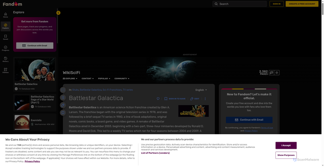 Security scan screenshot of https://scifi.fandom.com/wiki/Battlestar_Galactica