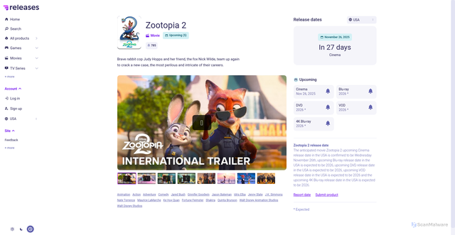 Security scan screenshot of https://www.releases.com/p/zootopia-2
