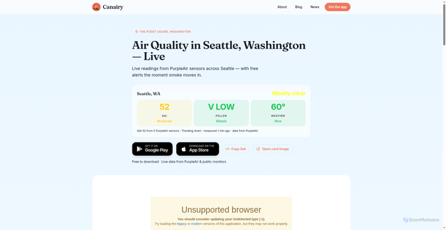 Security scan screenshot of https://canairy-aq.com/air/seattle
