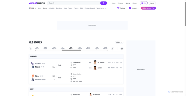 Security scan screenshot of https://canary.sports.yahoo.com/mlb/scoreboard/