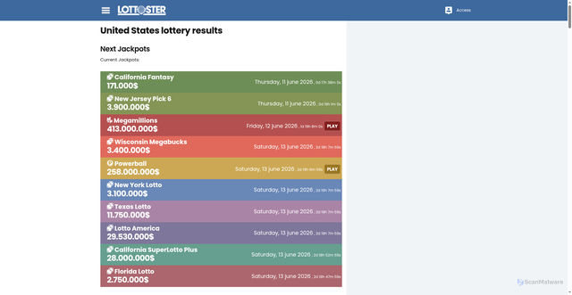 Security scan screenshot of https://www.lottoster.com/us/