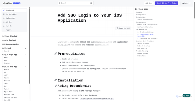 Security scan screenshot of https://ssojet-docs.pages.dev/en/sso/quickstart/native/ios/