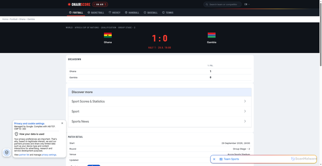 Security scan screenshot of https://onairscore.com/football/match/1545850/ghana-gambia/