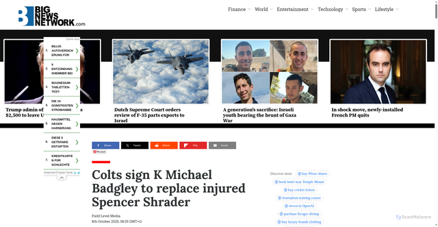 Security scan screenshot of https://www.bignewsnetwork.com/news/278622942/colts-sign-k-michael-badgley-to-replace-injured-spencer-shrader