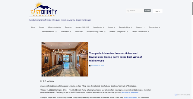 Security scan screenshot of https://eastcountymagazine.org/trump-administration-draws-criticism-and-lawsuit-over-tearing-down-entire-east-wing-white-house/